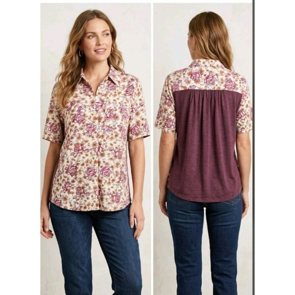 Porridge Shirt Size S Floral Button Pockets Short Sleeve Rayon Blend